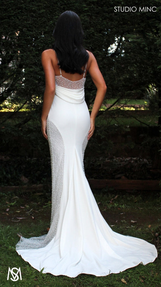 Lover - Wedding Dress | Crepe spaghetti strap cowl backless Pearl detail