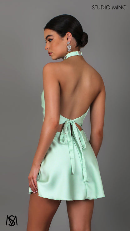 Jewel Mini - Mint Green Mini Dress, Satin Backless High Neck Plunge Diamante Choker