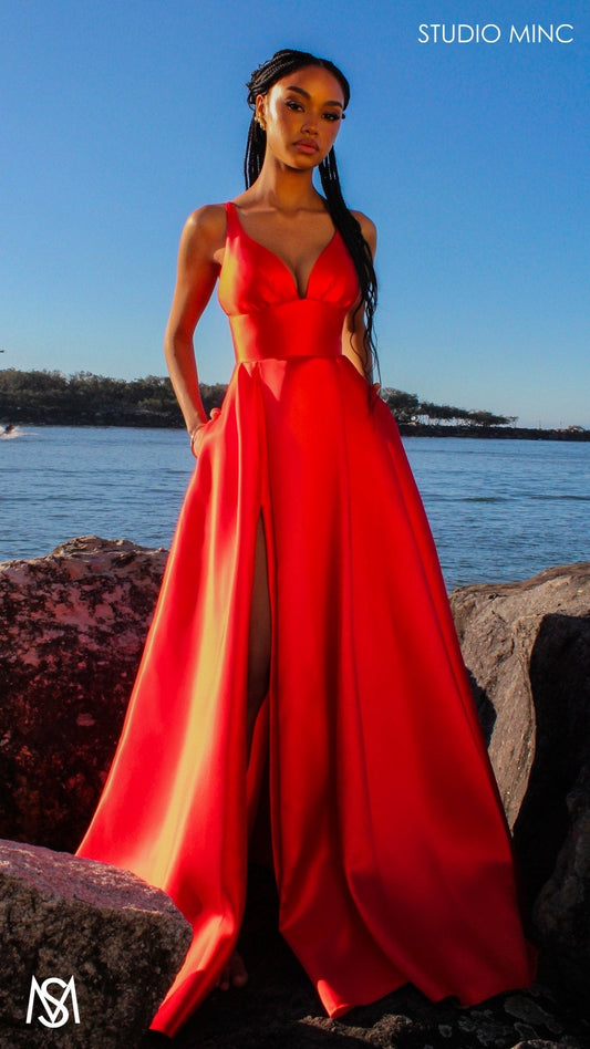 Riviera - Orange formal dress | V Plunge neckline, backless Satin Gown with Pockets and leg slit
