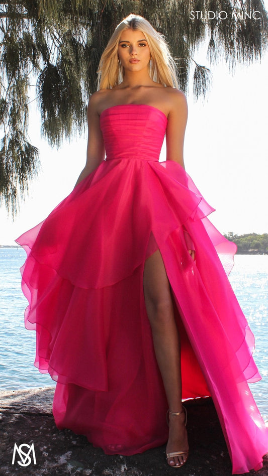 Monaco - Hot Pink Formal Dress | Strapless Corset, Organza layered handkerchief skirt, leg slit