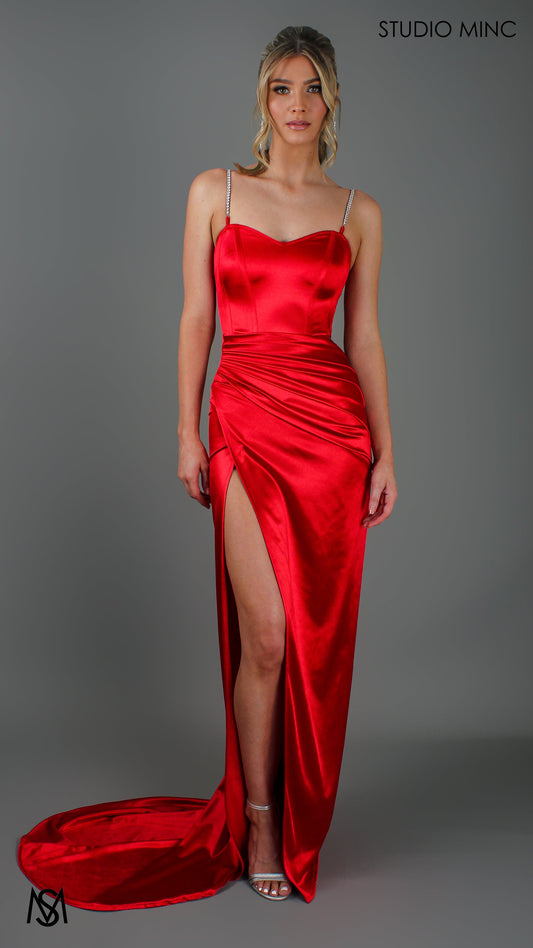Crave - Red Satin Corset Formal Dress with Leg Split