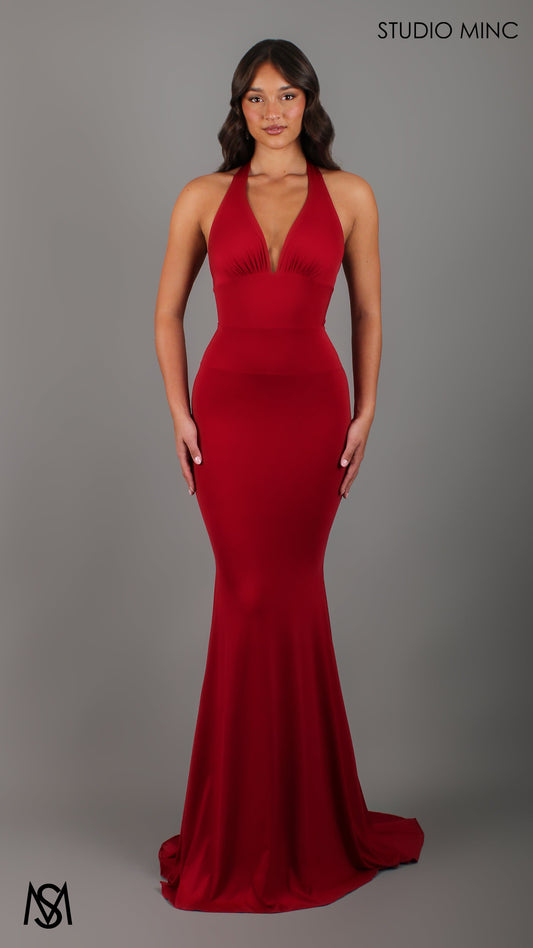 HOURGLASS - Red Fitted Mermaid Formal Dress with Plunge Neckline
