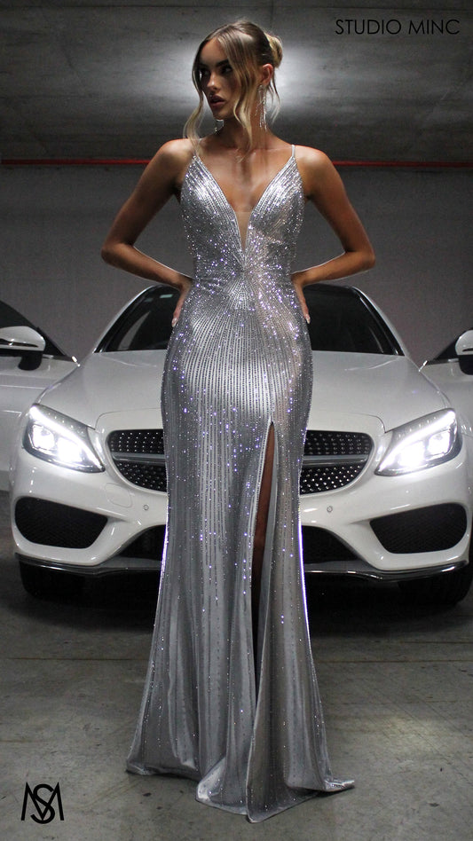 Starlight - Silver Formal Dress, Rhinestone V Plunge Neckline Fitted Mermaid Leg Split