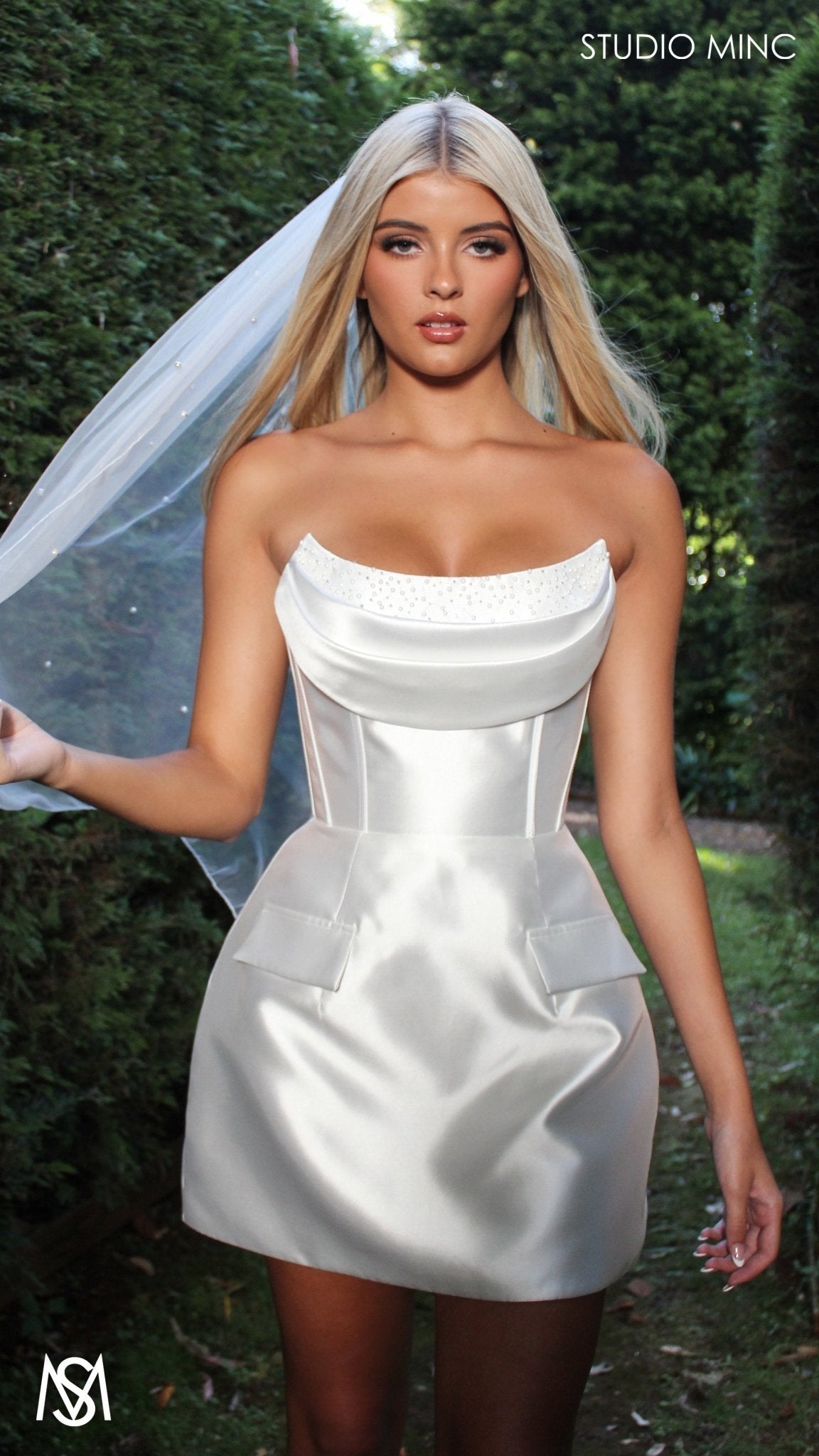Sugar - Mini Bridal Party Dress | Mikado satin strapless corset pearl detail