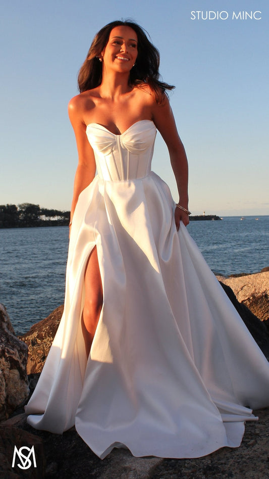 Capri - Wedding Dress | White satin strapless corset lace up gown pockets leg slit