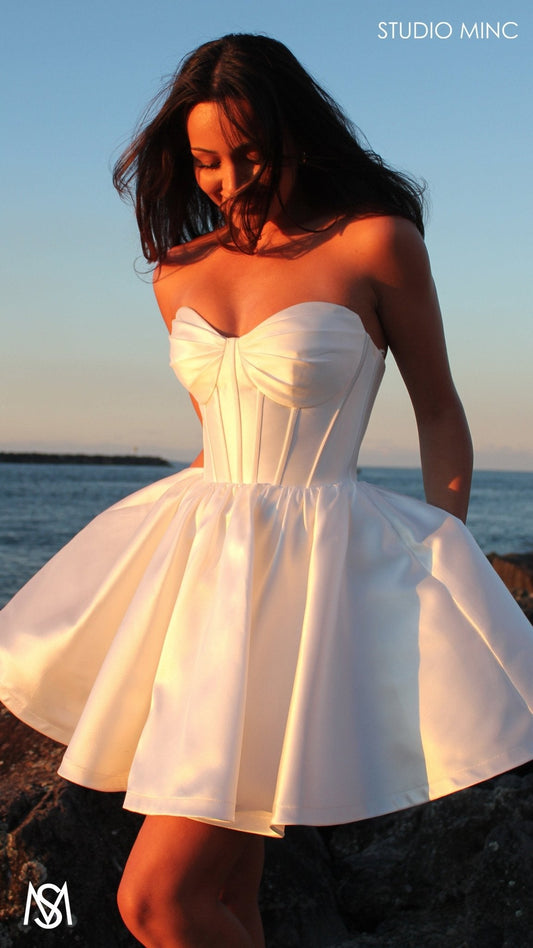 Capri Mini - Bridal Mini | White Satin Strapless Corset Mini Party Dress