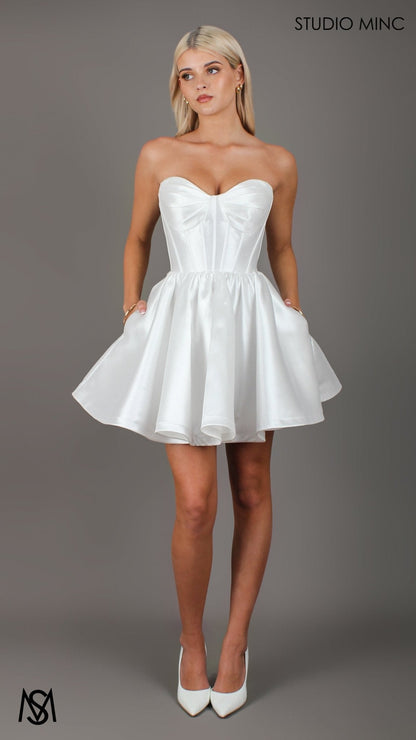Capri Mini - Bridal Mini | White Satin Strapless Corset Mini Party Dress