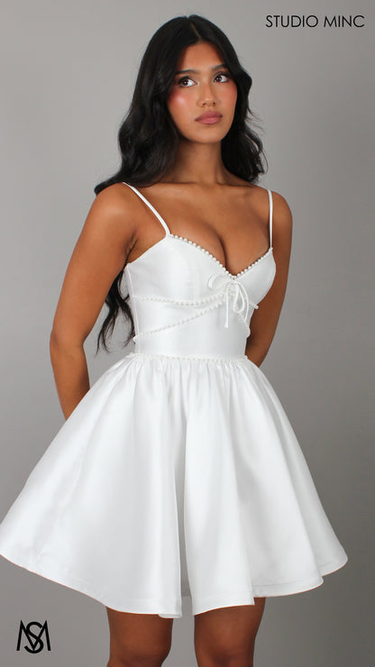 Petite - Bridal Mini | White Satin V neck, Corset, Pearl trim, Party Dress
