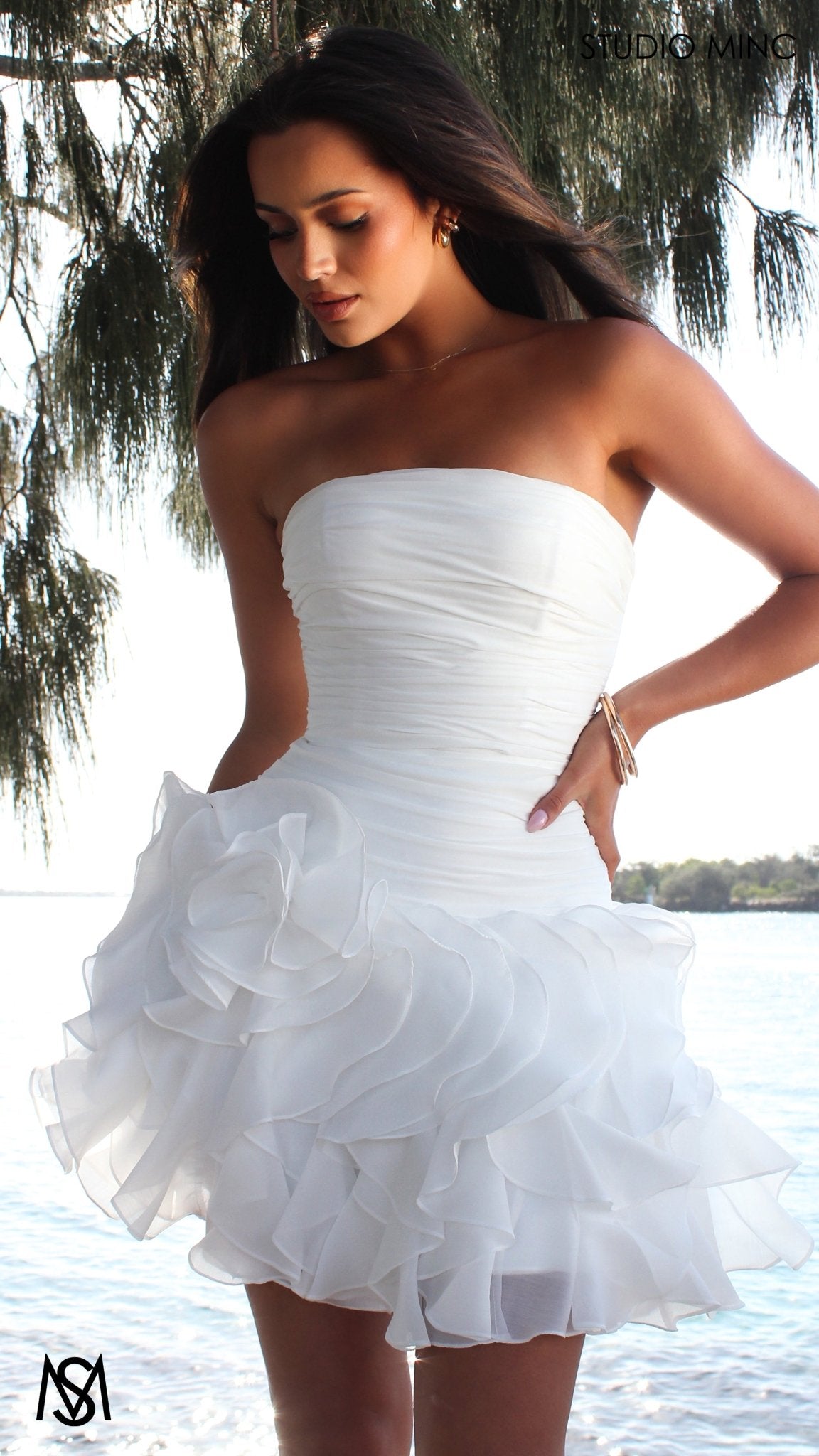 Rio - Bridal Mini | White Strapless Drop Waist Ruffle flower Bridal Mini Dress