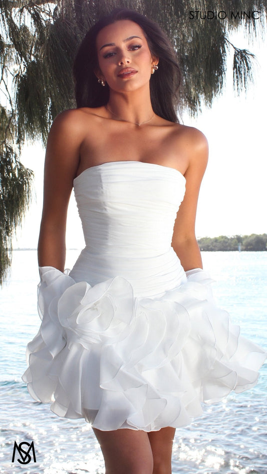 Rio - Bridal Mini | White Strapless Drop Waist Ruffle flower Bridal Mini Dress