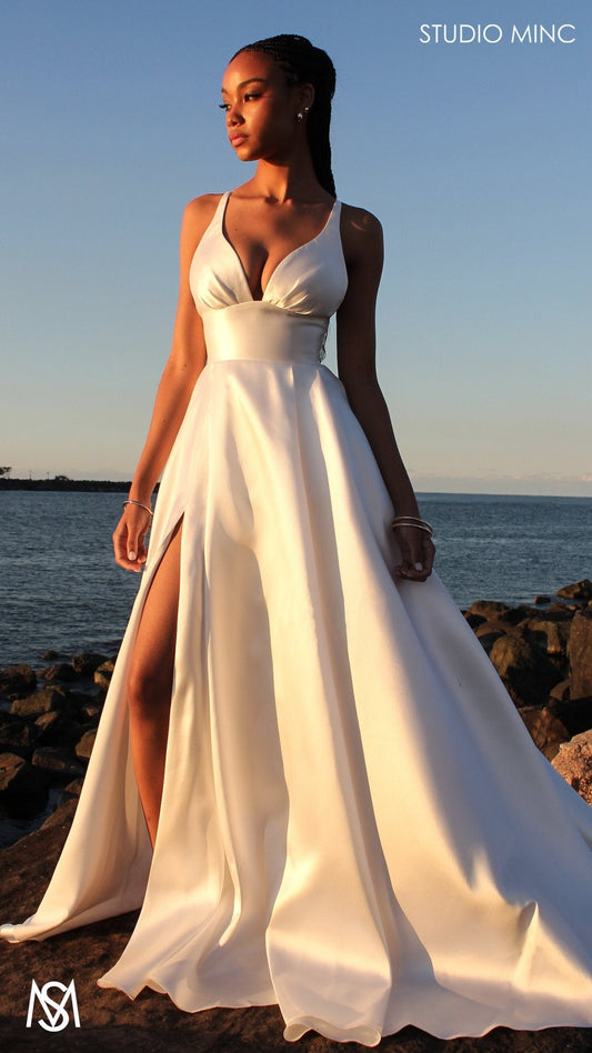 Riviera - Wedding Dress | Rice White V Plunge neckline, Satin Gown with Pockets and leg slit