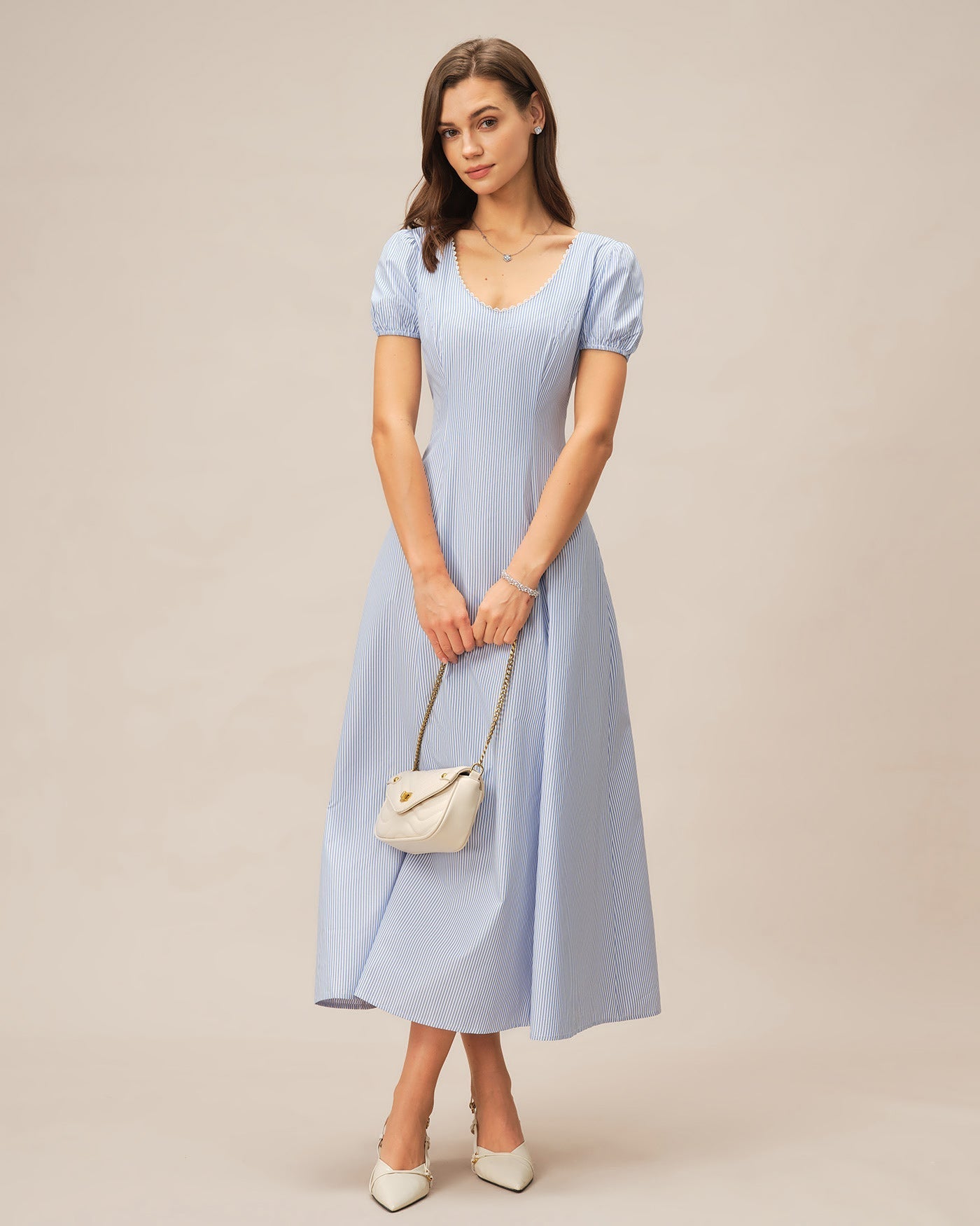 Blue V Neck Puffed Sleeve Striped Maxi Dress