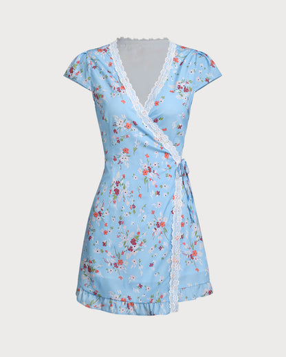Blue Floral A-Line Wrap Mini Dress